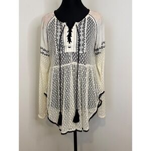 Hazel Ivory Lace Tunic Top Small Boho Embroidered Tassel Lace-Up High-Low Peplum